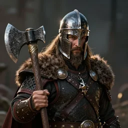 viking warrior with an axe and helmet, digital art, realistic, detailed, artstation