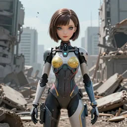 Epic cinematic action scene render of a very beautiful dollpunk wearing Abstract tech bodysuit, in front of a ruined city, focus, realistic eyes, symmetric body features proportions, golden ratio, ultra intricate details, award winning, unreal render