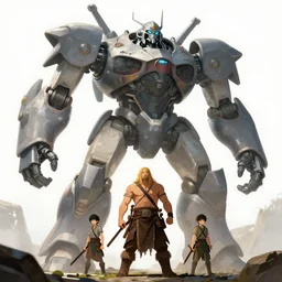a colossal robot looming down to a fierce barbarian, high fantasy, by artgerm, rossdraws, sakimichan