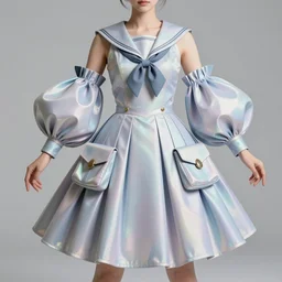 designer magical girl stylized collection ball shaped accordion sleeve haute couture, sailor uniform, midi skirt, coat pleats, synthetic curves striking pose, dynamic folds, cute huge pockets hardware, volume flutter, youthful, modeled by modern designer bust, body fit, award fashion, holographic tones, expert composition, high detail, professional retouch, editorial photography
