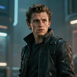 a portrait of tom holland, cyberpunk style, utopian, atmospheric, cinematic, realistic, 4 k, dynamic lighting, rtx