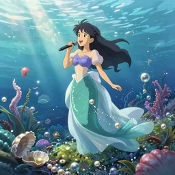 a little mermaid in a long dress singing in the colorful ocean, correct human body and perspective, pearls and shells, fantasy art by ferdinand knab, makoto shinkai and ilya kuvshinov, rossdraws, tom bagshaw, trending onstudio ghibli, radiant light, highly detailed, octane render, 8 k