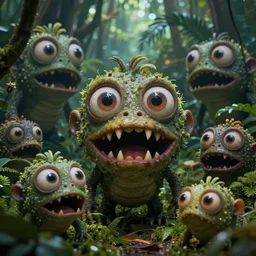 of the dark jungle with large cute strange friendly creatures with big eyes, mouth and sharp teeth appearing from the bushes, in the style of Giger, macro lens, shallow depth of field, highly detailed, digital painting, trending artstation, concept art, illustration, cinematic lighting, vibrant colors, photorealism, epic, octane render