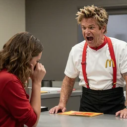 Karen yelling at a depressed Gordon Ramsey wearing a McDonald's uniform behind the cash register