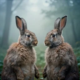a lomography photo of rumble between two humanoid with rabbit head in foggy forest this morning, bokeh,