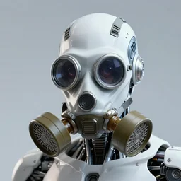 portrait of a biomechanical futuristic creepy cyborg creature with gas mask and eyes made of camera lenses. with intricate orange halo made of glass. white and orange plastic. concept art by jarold Sng | octane render