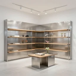 designed by dieter rams, flower retail shop made of stainless steel and wood