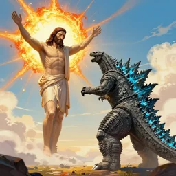 A giant Jesus christ fighting Godzilla, sun explosion on the sky,   matte fantasy painting, DeviantArt Artstation, by  Jen Zee and Tatsuya Yoshikawa  by Utsurowazaru Mono  by Tatsuya Yoshikawa  by Hajime Isayama, cinematic lighting