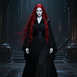 beautiful female sith warrior with smooth porcelain white skin and long flowing red hair, wearing black robes with dark red highlights, in dark futuristic city, shadowy gothic aesthetic, cinematic full body portrait, promotional photo for future star wars movie, centered composition, detailed, cinematic lighting, moody, nighttime, very dark