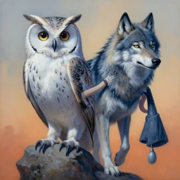 painting of hybrid between owl!!! & wolf, intercrossed animal, by zdzislaw beksinski, by tiffany bozic, by chris buzelli, cold hue's, warm tone gradient background, concept art, beautiful composition, digital painting