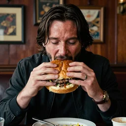 Keanu Reevse eating big burger in Irish pub