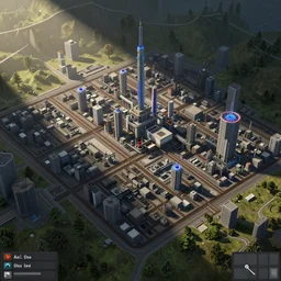 screenshot from factorio, city block factory, rail grid, map view