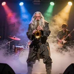 gandalf playing in a funk band, fog machine, colored spotlights