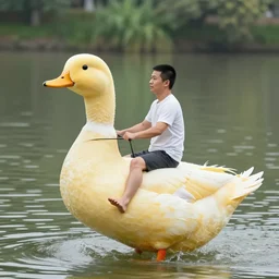 man riding a giant real live duck