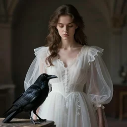 hight focus of a wonderful realistic focused sweet wonderful symmetrical mid portrait of a lonely woman with a detailed wonderful, majestic, large semi transparent white cotton dress near a realistic black raven, dramatic light, octane render - 8 k