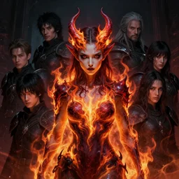 a beautiful portrait of a young Demon women covered in deep colourful flames by Greg Rutkowski, Sung Choi, Mitchell Mohrhauser, Maciej Kuciara, Johnson Ting, Maxim Verehin, Peter Konig, Bloodborne , 8k photorealistic, cinematic lighting, HD, high details, atmospheric , trending on artstation