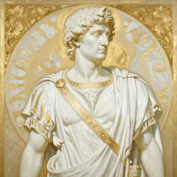 an elegant white and gold acrylic painting of a roman emperor, by alphonse mucha