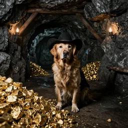 a dirty golden retriever in a dark gray stone mine with large piles of gold nuggets and wearing a black western hat and jacket, dim moody lighting, wooden supports and wall torches, cinematic style photograph