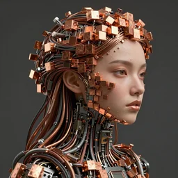 beauty woman made of small copper cubes, hair made from electrical wiring and conduits, very detailed, dramatic lighting, mechanical details, electrical details, high details, 4k, 8k, trending on artstation, by Hajime Sorayama and Boris Vallejo