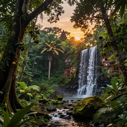 ancient forest temple with a waterfall and tropic fruit trees, sunset, high definition, high detail, photorealisitc, 8k,