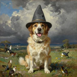 funny dog in hat concept by jean giraud, yoshitaka amano, asher brown durand, james gurney, george stubbs oil on canvas