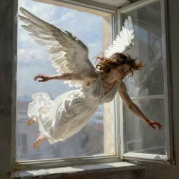 female angel, violently flies in through a window, by nikolay makovsky.