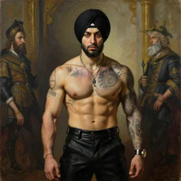 portrait of a muscular sikh posing in a black outfit, punk, shirtless tattoos, piercings, a flemish baroque by alexander mcqueen, art by john collier by greg rutkowski and craig mullins, oil on canvas