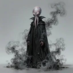 a character with a squid for a head wearing a long vampire cloak made from dark wispy smoke created by the artist for the band Gorillaz