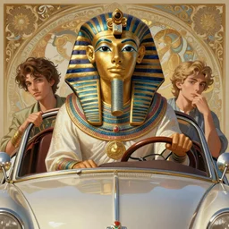 hyperdetailed full body portrait of king tut driving a convertable, long shot, digital painting, artstation hq, sharp foccus ilustration, artstation hq. intricate, elegant. wlop, artgerm, greg rutkowski, alphonse mucha, medium shot. dan mumford, tomokazu matsuyama, takato 4 yamamoto