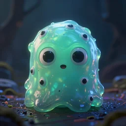 cute lil slime blob character, close - up portrait, translucent slime body and many blinking eyes, 3 d pixar style, trending on arstation octane rendered in 8 k unreal engine 5, cinematic and dramatic, gloomy, mystic and magical, fantastic and whimsical by wayne barlowe, mike winkelmann, craig mullins