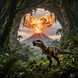lush prehistoric jungle cave, exploding volcano, t - rex, washed out colors, professional, master level composition, volumetric lighting, haze, sunset, photorealistic