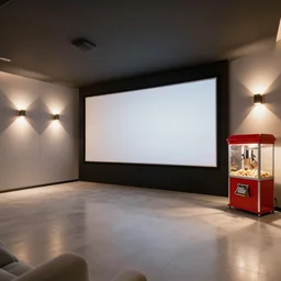 very wide angle view, a modern home movie theater with big screen, stylish wall sconces, old popcorn machine!, movie posters on the wall!, plants very happy and cozy, interior designed by kelly wearstler, rough watercolor painting