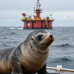 a old south american fur seal australis with a offshore oil mounted in the head, key visual, ambient lighting, highly detailed by greg'craola'simkins and kris kuksi, zoom out,