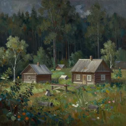 A beautiful painting of russian village in dark forest by stephan koldi, trending on artstation,matte painting
