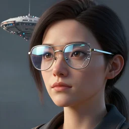 a realistic detailed portrait of a woman wearing broken glasses, reflecting a giant spaceship, artstation, volumetric lighting