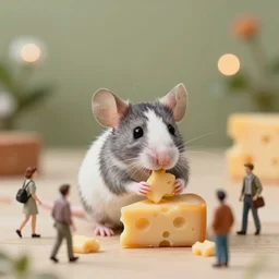 high quality presentation photo of cute anthropomorphic mice eating cheese with small people walking around them, photography 4k f1.8 anamorphic bokeh 4k Canon Nikon