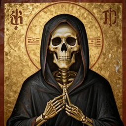 hooded skeleton in style of antique orthodox christian icon, religious art, hd, hq, high resolution, high detail, cgsociety, octane render, trending on artstation, artstationhd, artstationhq, unreal engine, 4 k, 8 k