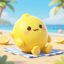 a super cute cartoon network lemon character, it's is relaxing on a beach, by dalle - 2, octane render, 3 d, volumetric lightening,