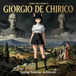 [Poster! of a 3D anime manga catgirl in a stunning landscape by Giorgio de Chirico, Rene Magritte, George Tooker, Titian]