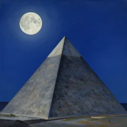 a gray pyramid under the moonlight. surrealist painting, nighttime, blue sky, trending on artstation, art deco painting