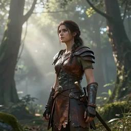 Establishing shot, dramatic volumetric sunlight foggy atmospheric forest canopy scenery, girl clad in modest hide leather armor, hyperdetailed, artstation, cgsociety, 8k