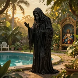 the grim reaper, in a garden, tropical pool, golden hour, artstation, by J. C. Leyendecker and Peter Paul Rubens, - 12p