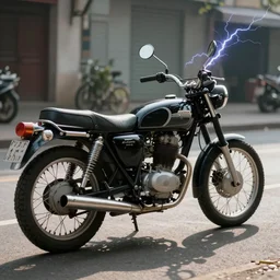 An old, cool ,black motorcycle parked on the street at noon,digital art, 8k, award winning , beautiful lightning