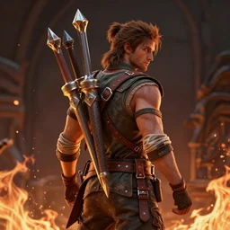 adventurer with many weapons strapped to back surrounded by fire, D&D character, 4k, dramatic lighting, incredibly detailed