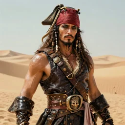 , male pirate captain of the desert, muscular upper body, D&D, fantasy, intricate, elegant, highly detailed, digital painting, artstation, concept art, smooth, sharp focus, illustration, art by artgerm and greg rutkowski and alphonse mucha