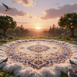photo of a sunrise in the delicate elegant Fluffy 3d Persian Carpet dimension, everything is carpet and 3d, birds and trees, surreal, Pixar movie panorama, immense detail, epic, striking