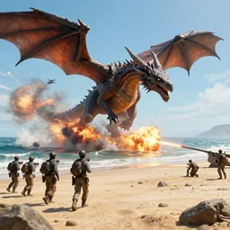fantasy d-day beach landing, realistic, explosions, cinematic, dragons, unreal engine