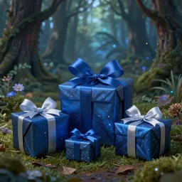 blue snappy gifts in magical forest, gifts, dark atmosphere, high detail, soft lighting, 8 k