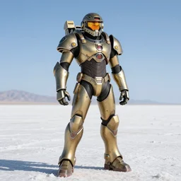 character portrait of samus aran from metroid wearing halo spartan mjolnir armor combined with metroid varia suit standing in salt flats, 8 k, realistic shading, symmetrical face details, photorealistic eyes, video game, concept art, illustration, splash art, metroid!!!!!!!!!!!!!!, halo infinite!!!!!!!!!!!, good value control, vibrant colors, yellow and orange color scheme, john singer sargent