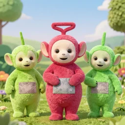 Cute but disturbing kids TV show characters in the style of In The Night Garden and Teletubbies